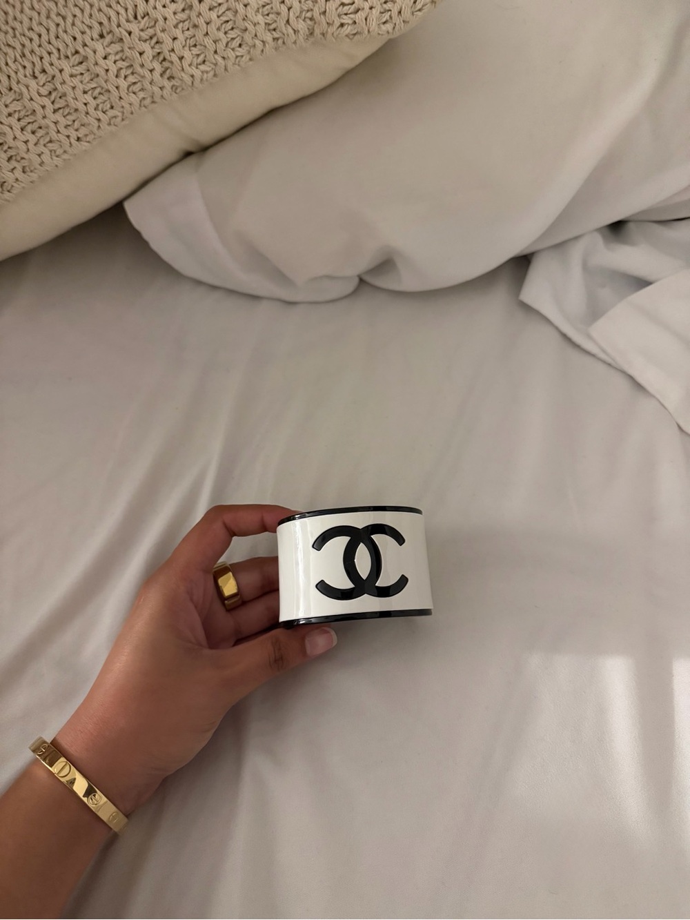 CHANEL White and Black CC Logo Wide Cuff Bracelet